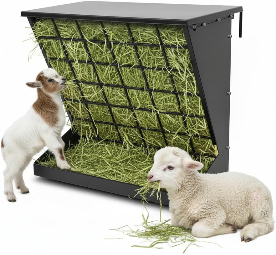 Wall Mount Hay Feeder for Goats, Covered Feeder for Horses with Roof, 2in1 25 Gallon hay Rack & Grain, Hanging Hook on Fence Mount, Galvanized Steel Goat hay Feeder for Sheep Cattle - Black