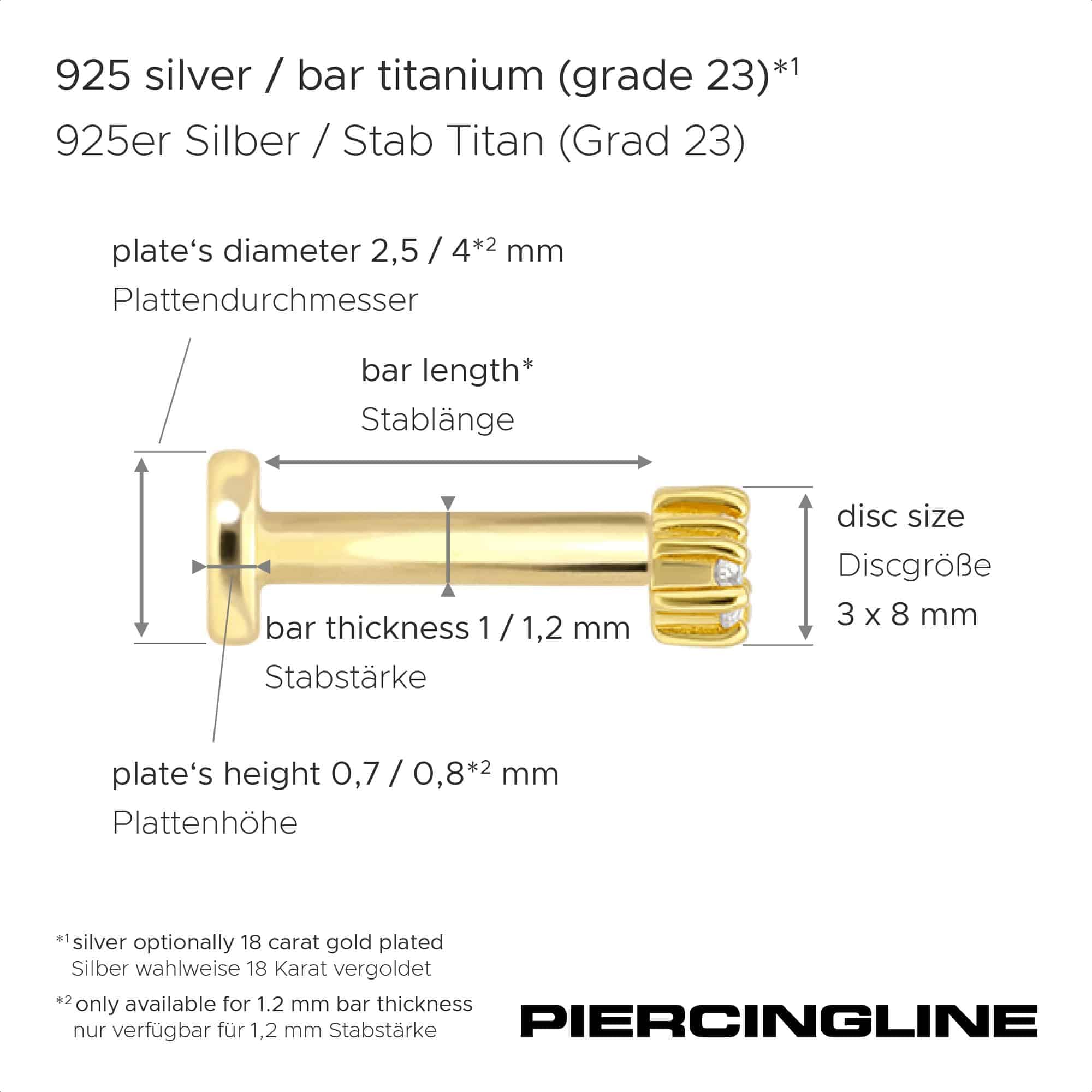 PIERCINGLINE Piercing Stecker Titan Labret mit Innengewinde + 925er Silber Aufsatz 3 MOISSANITE - Goldfarben, Silberfarben