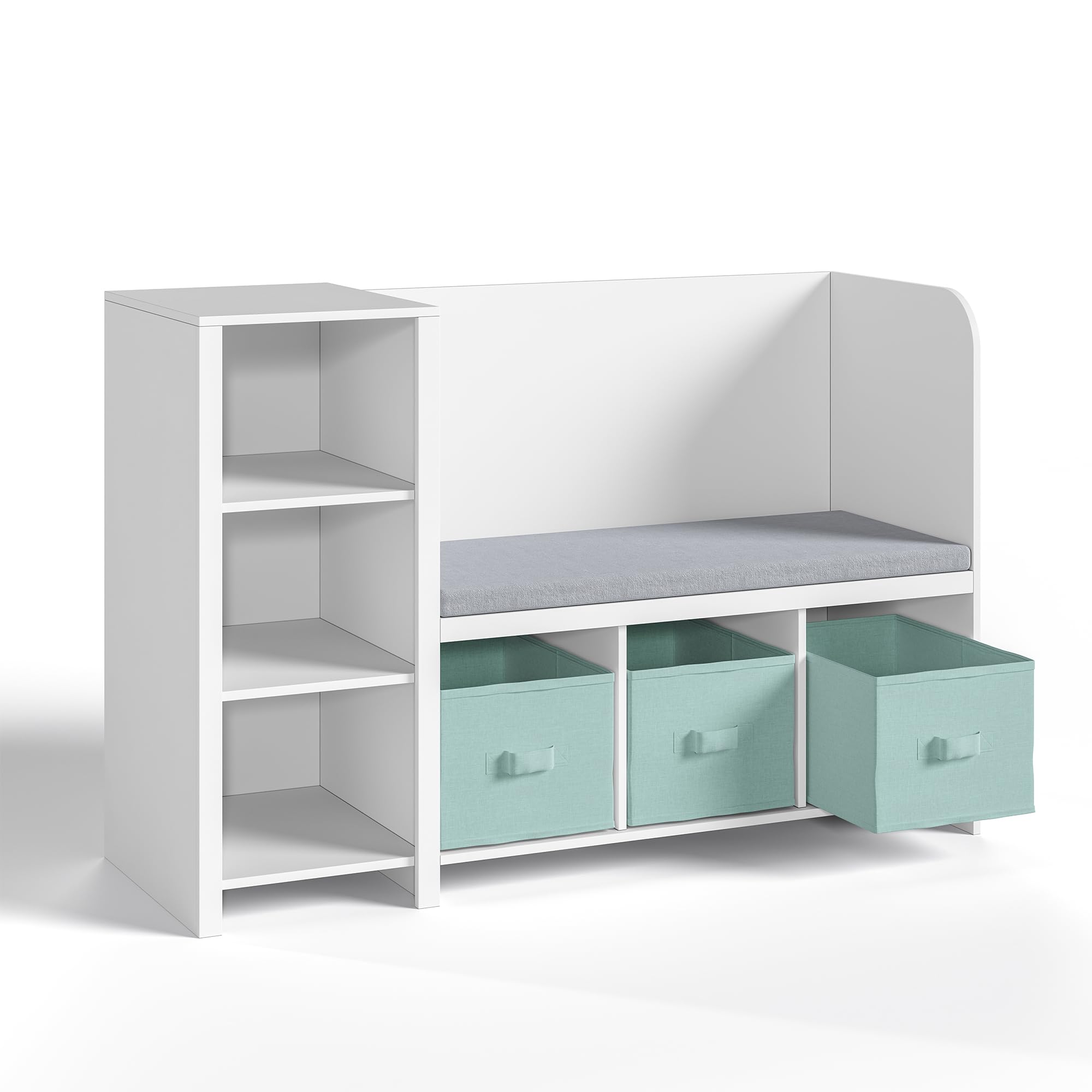 [en.casa] Étagère pour Enfants avec Banc d'Assise Coussin Confortable Bibliothèque Meuble à Chaussures Panneau de Particules Polyester Polyuréthane 76 x 112 x 40 cm Blanc Vert Menthe