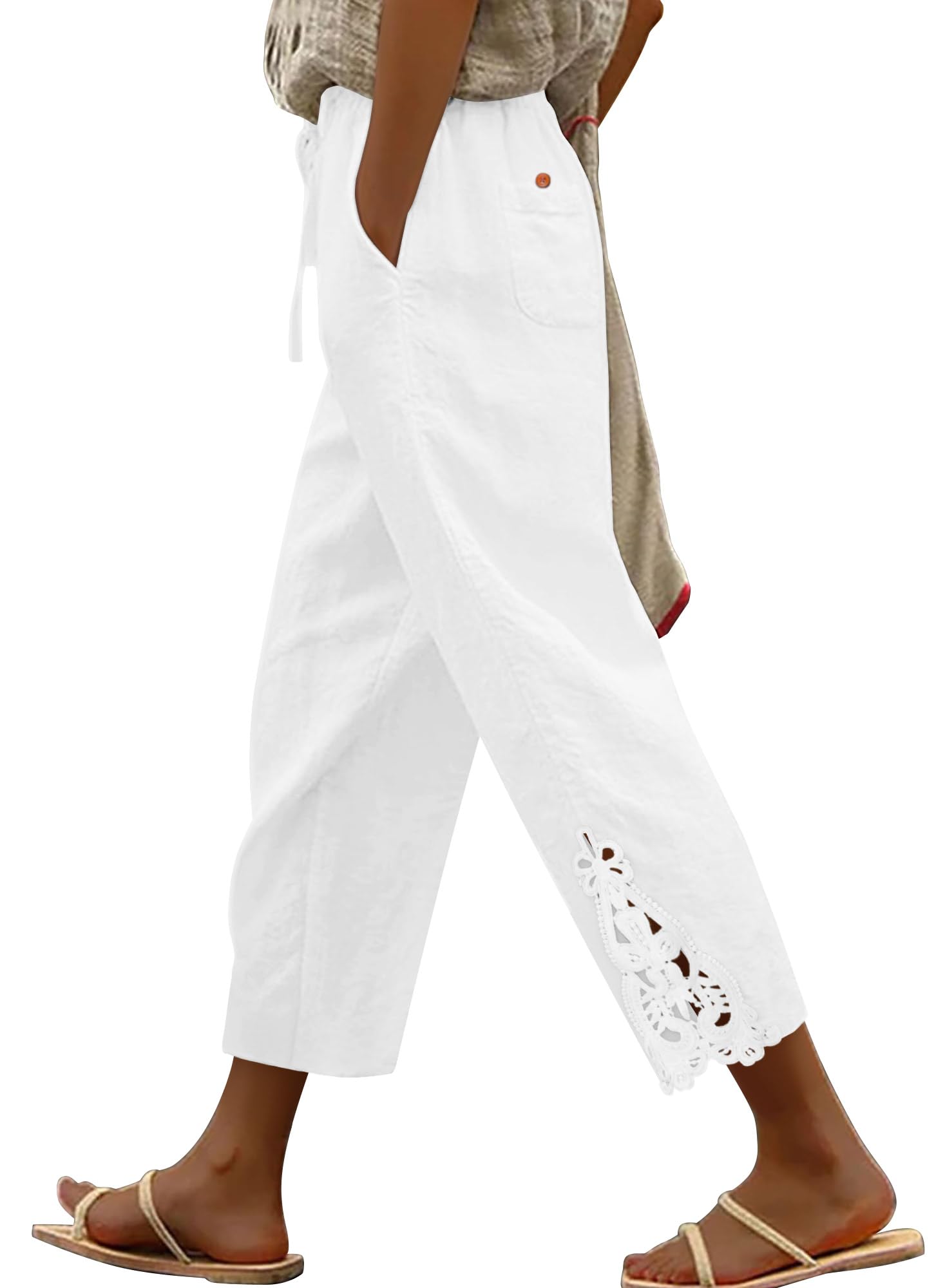 Womens Cotton Linen Pants Casual Lightweight Drawstring Elastic Waist Trousers Summer Lounge Pants with Pockets