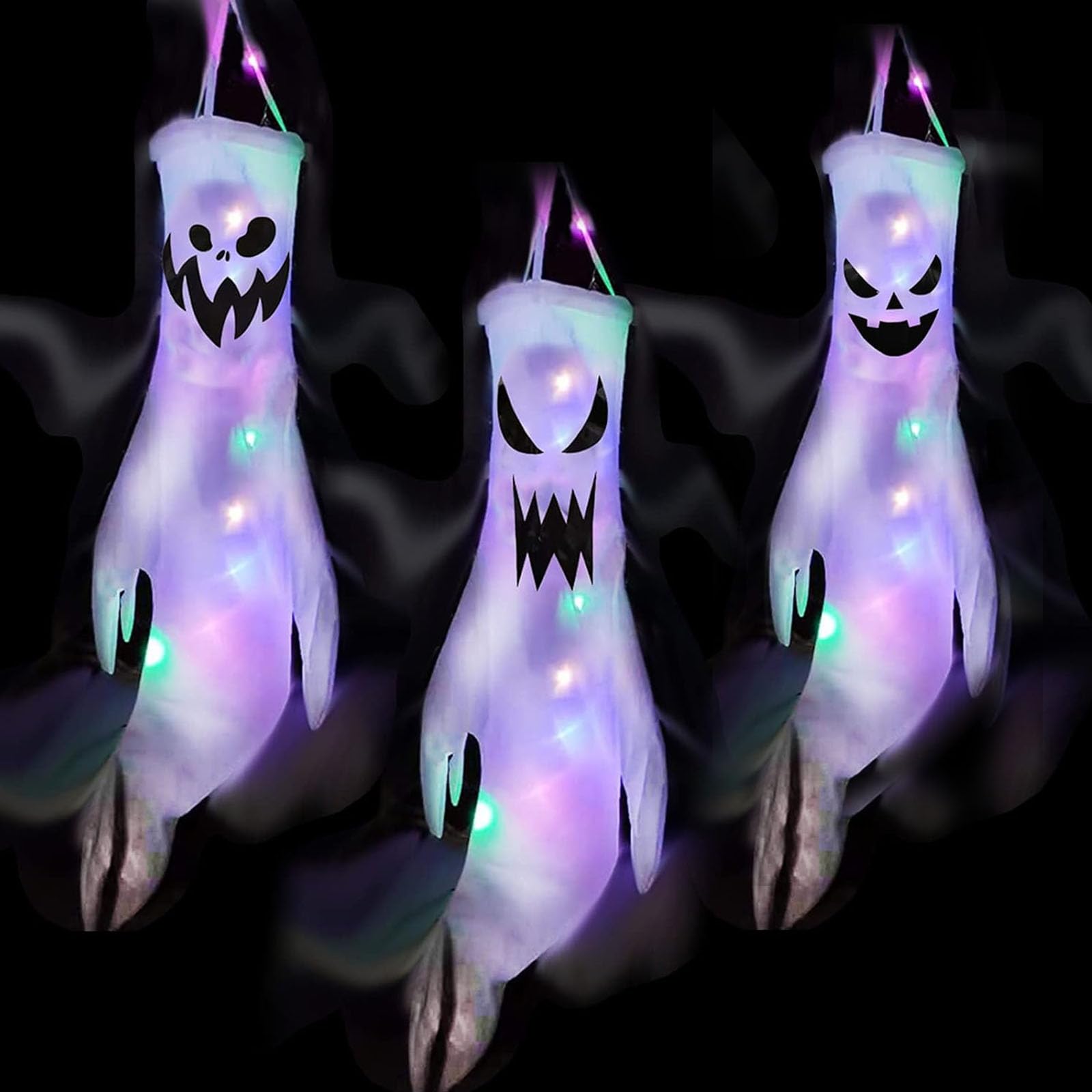 3 Stück Halloween WindsäCke Geist Windsack HäNgen Dekoration Geist Mit Farbig LED Licht Halloween Deko Outdoor,für Terrasse, Innen Außen Garten Horror Mottoparty