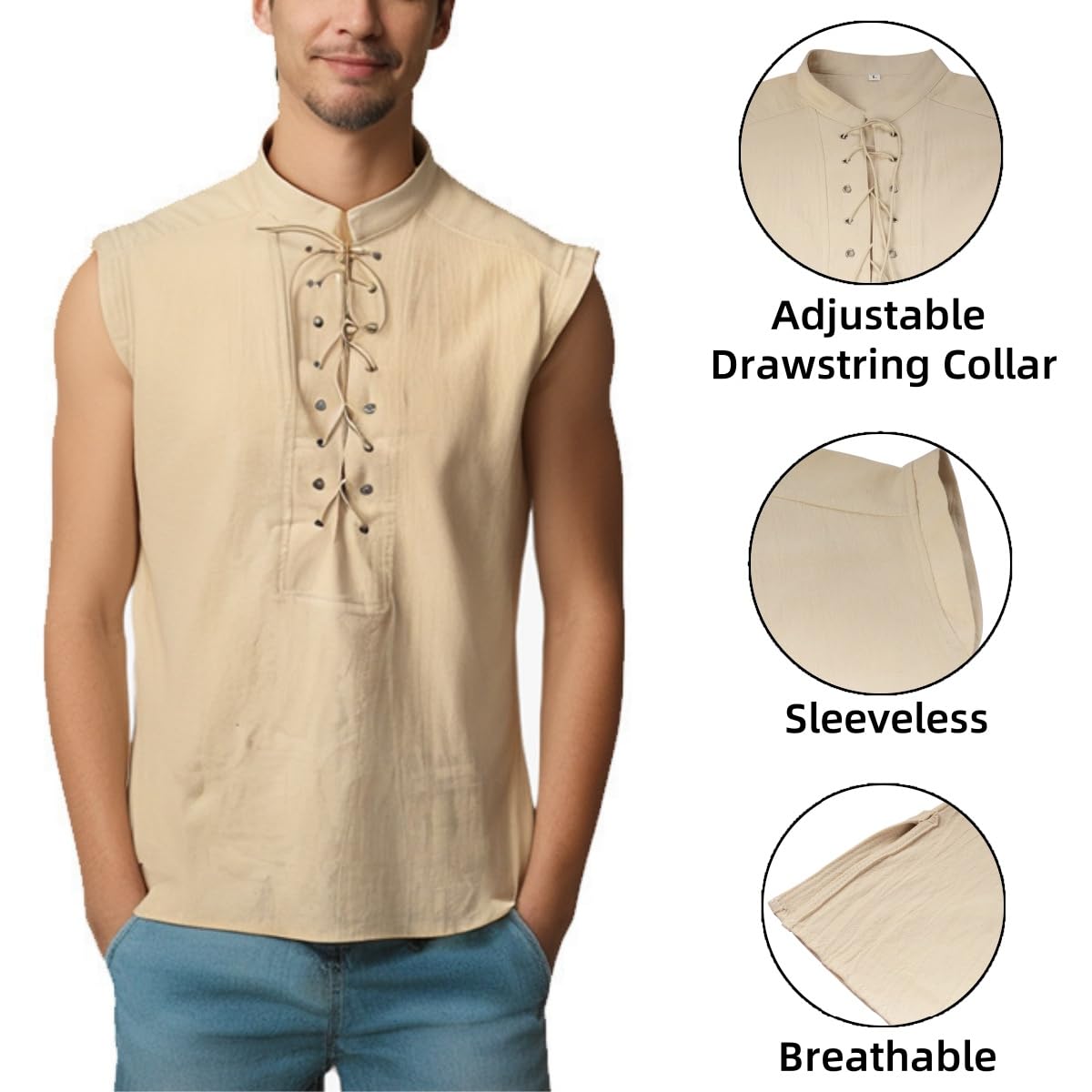 Men's Sleeveless Henley Vest, Vintage Steampunk Gothic Viking Pirate Lace-up Shirt - Image 3