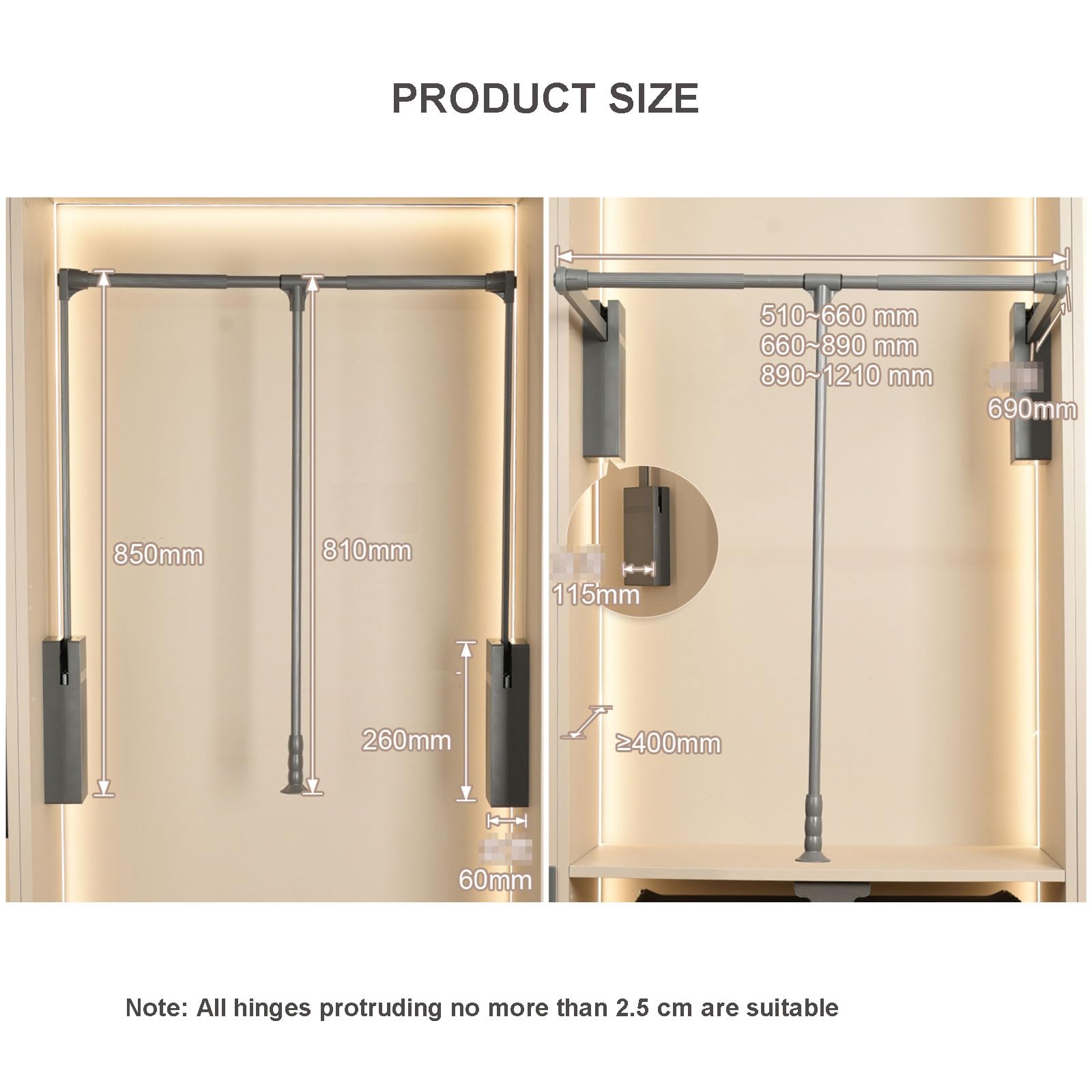 Wysuwany drążek na ubrania do szafy z miękkim powrotnym podwójnym amortyzatorem buforowym oszczędzający pracę design szary 510 660 mm (S)