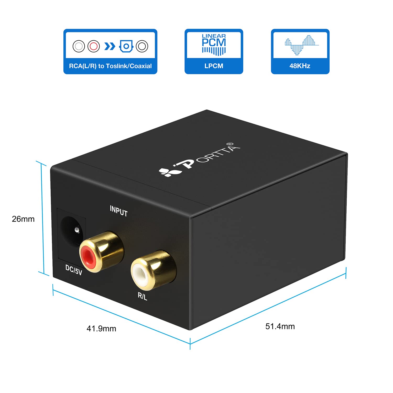 Convertisseur Analogique-Numérique, Portta Adaptateur Audio Analogique à Numérique ou Converter Audio RCA-Numérique - Prise de câble et mode RCA vers SPDIF / Toslink / Optique / Coaxial pour casques PS3 HDTV Xbox 360 HDTV Blue Ray Sky HD DVD Apple TV de P