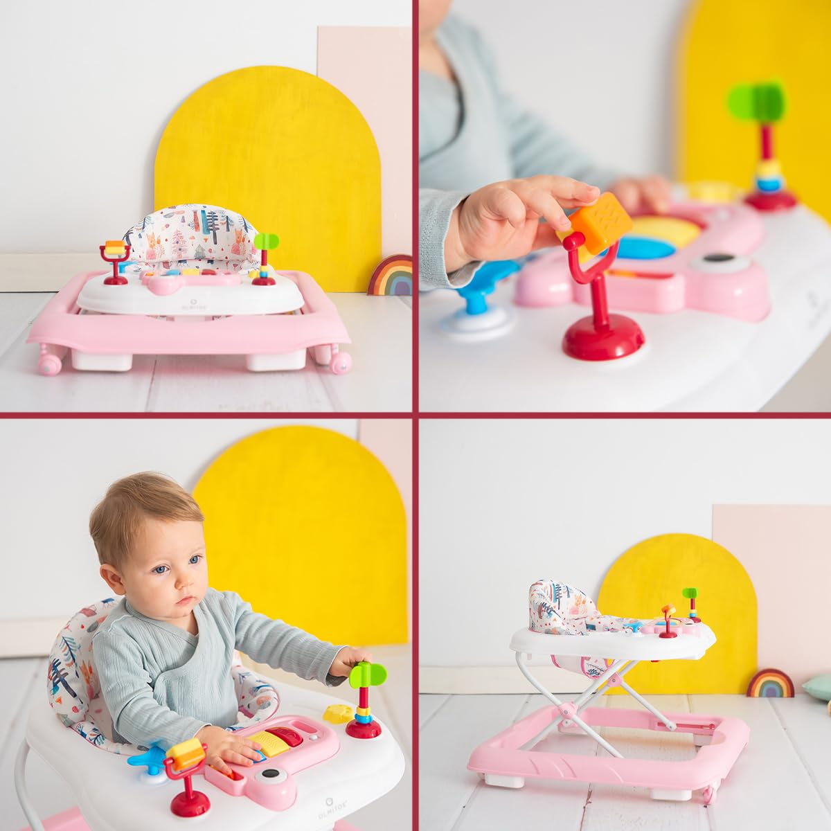 Olmitos - Andador bebe con Bandeja de Actividades – Primeros pasos Estimulación Sensorial y Desarrollo Motriz - centro de actividades plegable y regulable – Seguro con Sistema Stopper (Pink Stars)