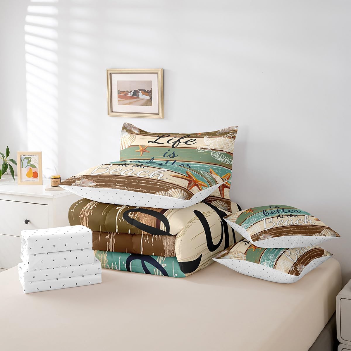 Queen Beach Bedding Set 7 Piece Kids Sea Turtle Starfish Bed In A Bag, Tortoise Coastal Sealife Comforter Set With Sheets Rustic Farmhouse Wooden Board Bed Sets For Boys Girls Teens Women Bedroom