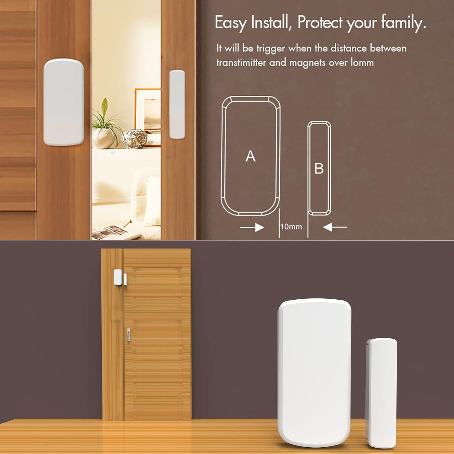 Diagram showing proper installation of a magnetic door/window sensor, with the two parts aligned and within 10mm of each other. Also shows an installed sensor on a door.