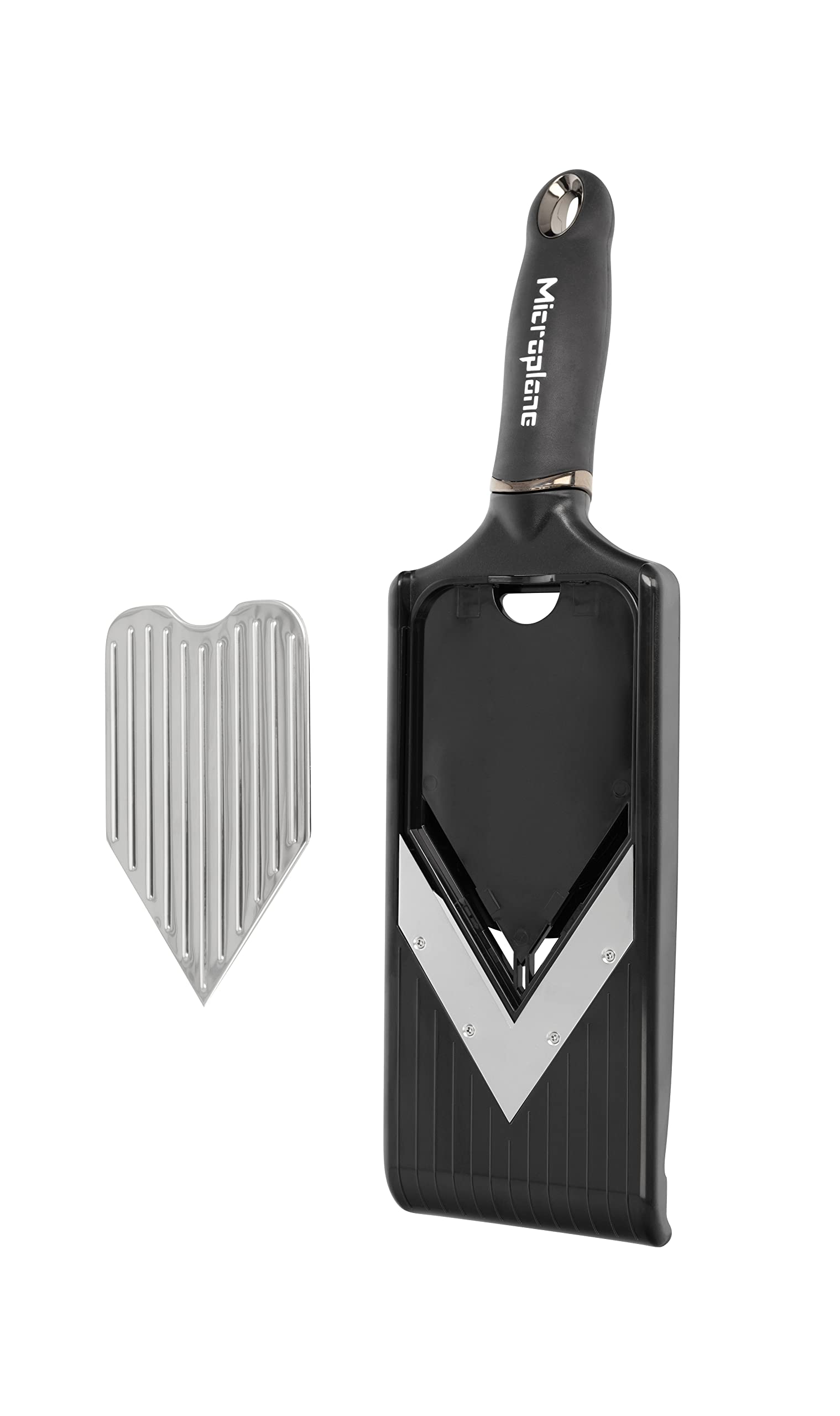 Microplane Verstellbarer Gemüsehobel mit V-Klinge und Julienneklingen-Einsatz mit Edelstahlklingen inkl. Fingerschutz & 4-seitige Reibe, Edelstahl, schwarz, 27 x 13,9 x 9,5 cm