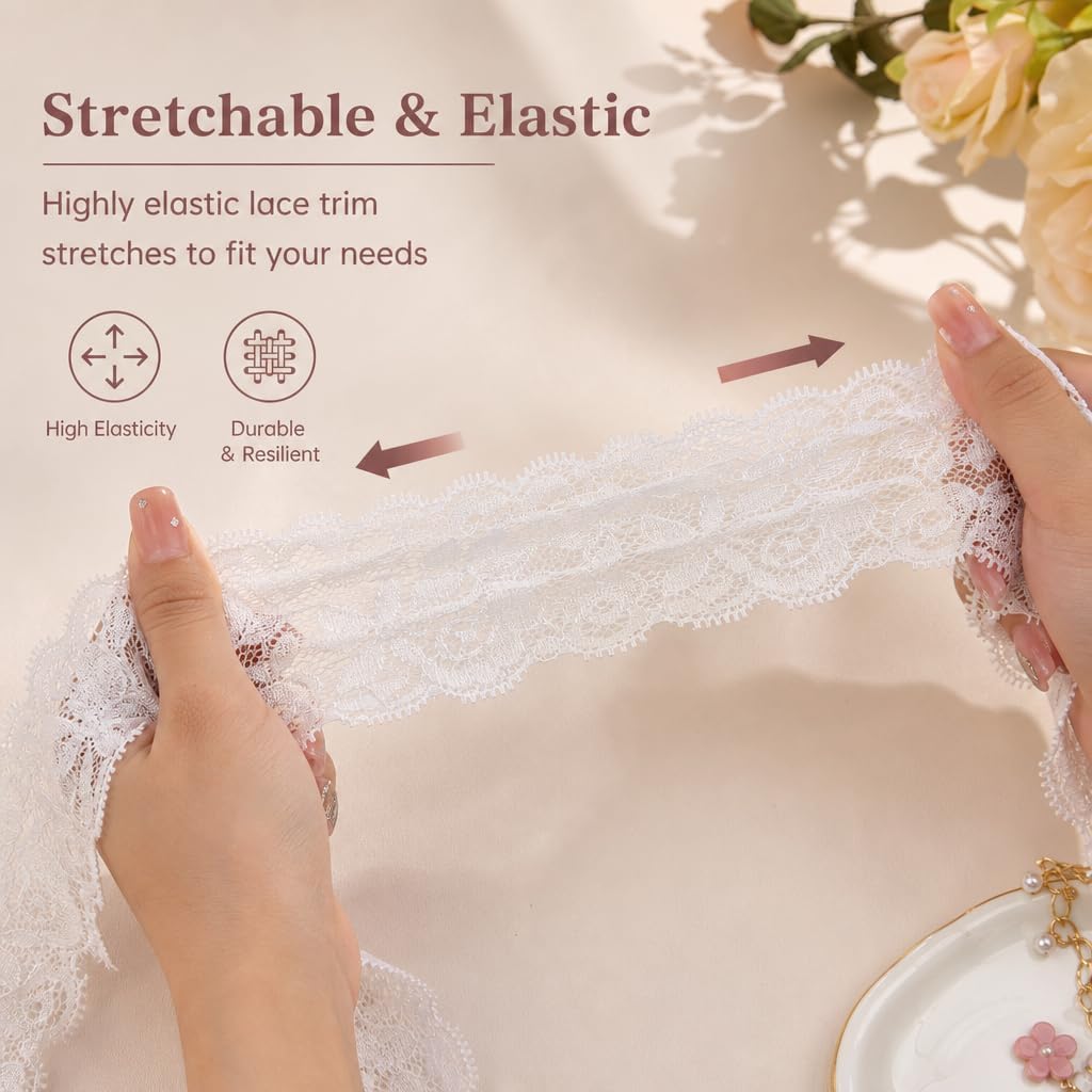 White Lace Ribbon 6-Yard 2.36 Inch Lace Trim Ribbon Elastic Laces Trims