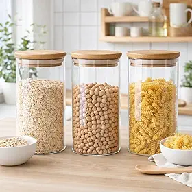 Kit 3 Potes Herméticos de Vidro 1000ml com Tampa de Bambu para Mantimentos Cozinha Organizada