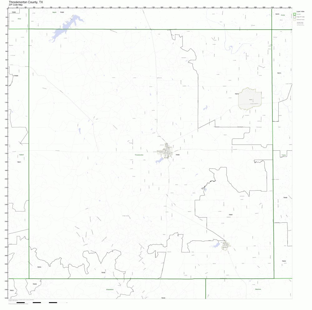 Throckmorton County, Texas TX ZIP Code Map Not Laminated Office Products