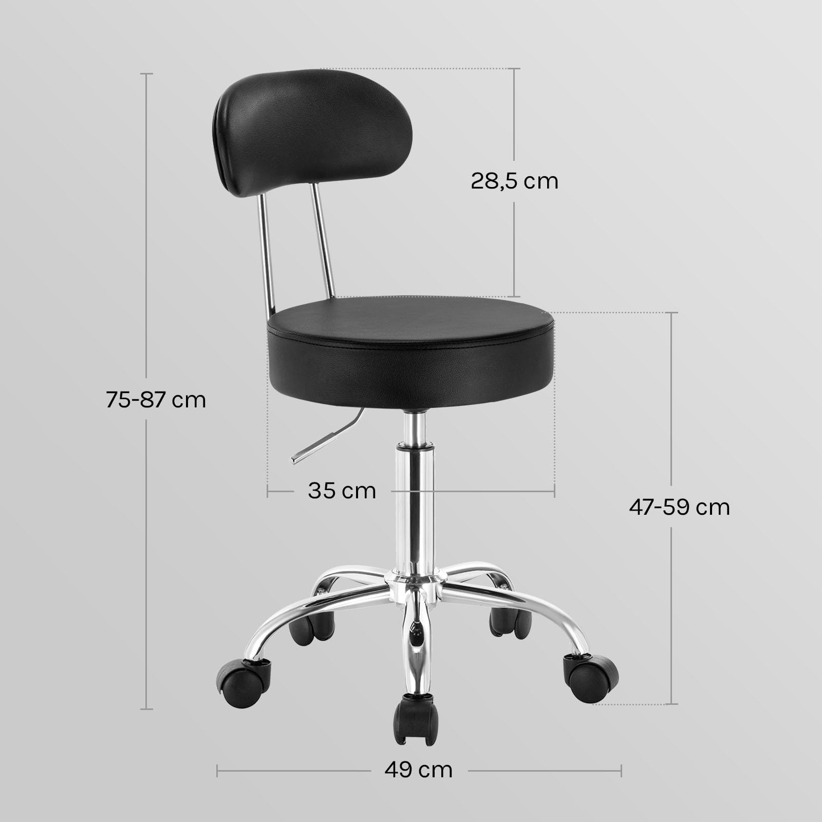 WOLTU Tabouret de Bureau Tabouret à roulettes avec Dossier,Chaise pivotante Chaise de Bureau Hauteur réglable,Noir
