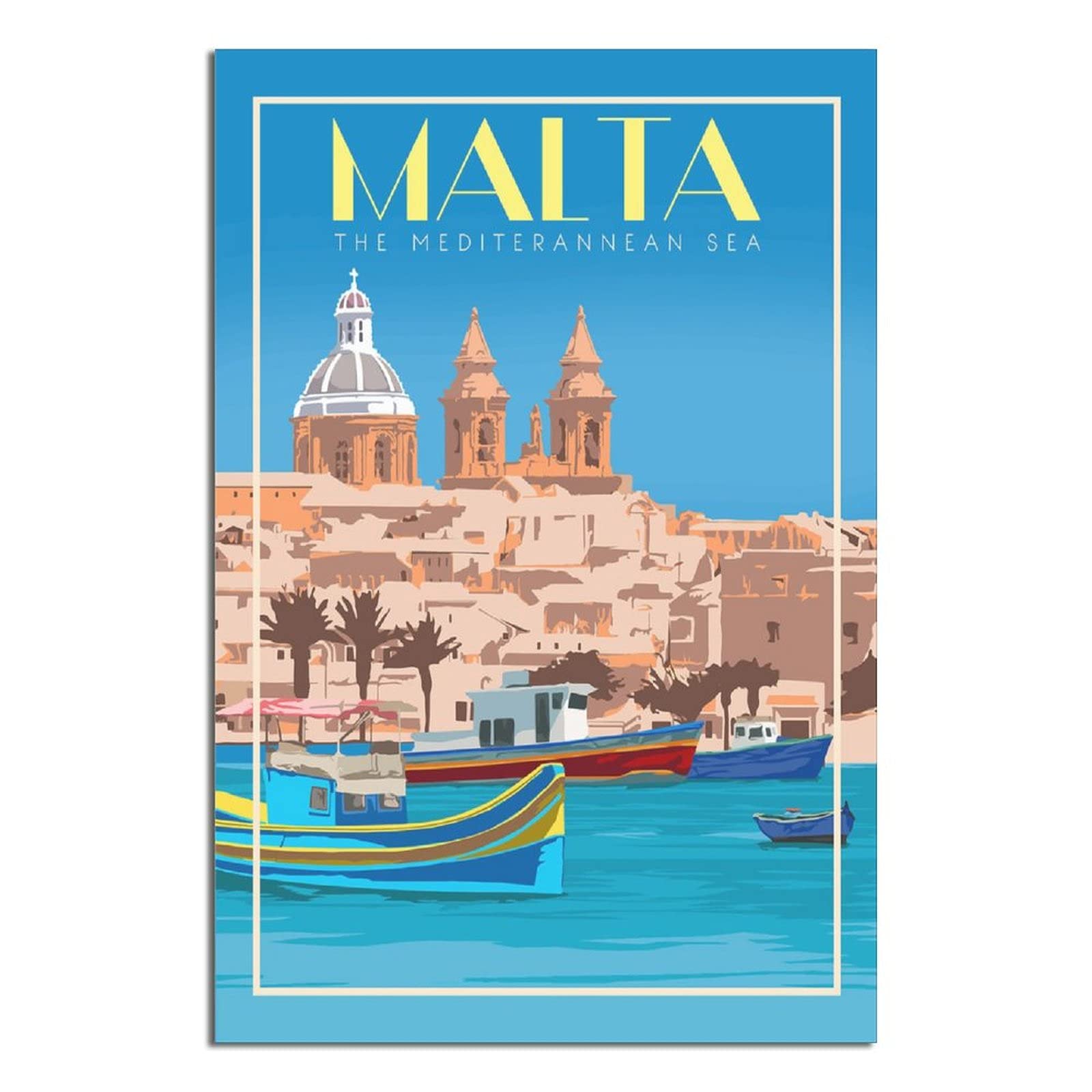 KZIWQ Metal Tin Sign Malta Mediterranean Sea Boats Vintage Travel Tin Sign Vintage Rustic Decor Cave Coffee Shop Bar Bedroom Home Wall Decor Nostalgic Tin Sign 20x30cm