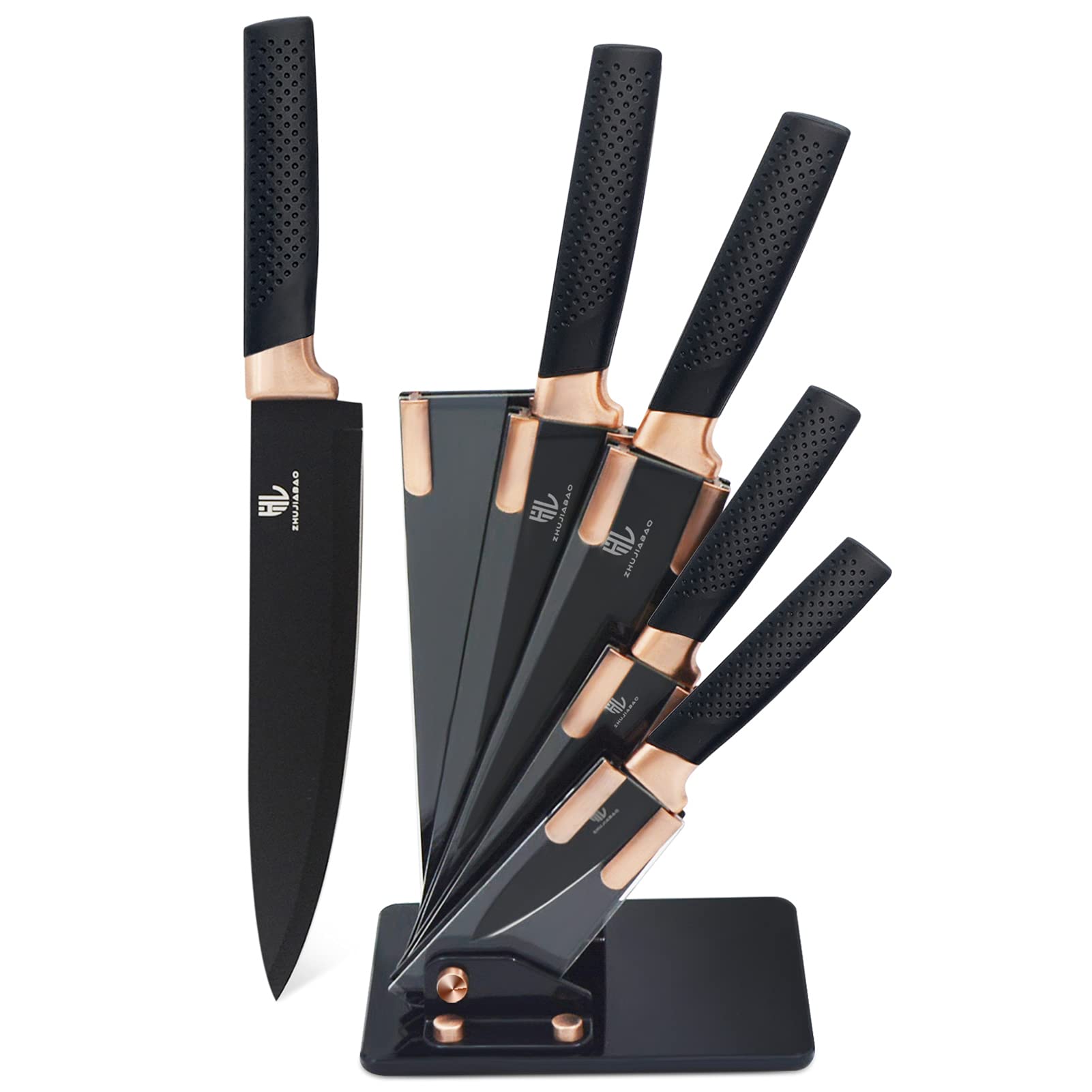 ZHUJIABAO Black Kitchen Knife Block Set with Acrylic Stand 6PCS