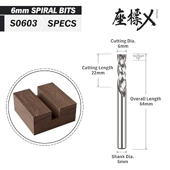 ZahyoX 6mm Shank Compression Spiral CNC Router Bit, 6mm Cutting Diameter, 6mm Shank Diameter - 25mm Cutting Diameter - 64mm Overall Length, Double Flute Solid Carbide CNC End Mill