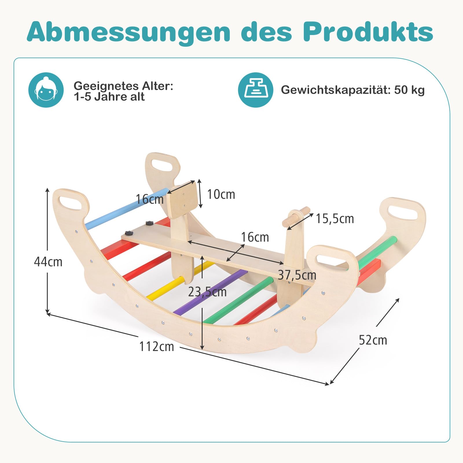 COSTWAY Kletterbogen, mit abnehmbarem Sitz, 4 in 1 Klettergerüst Indoor zum Wippen, Schaukeln, Klettern und Krabbeln, Kletterdreieck Holz, Bogenwippe für Kinder ab 1 Jahre, Sitzhöhe 23,5cm (Bunt)