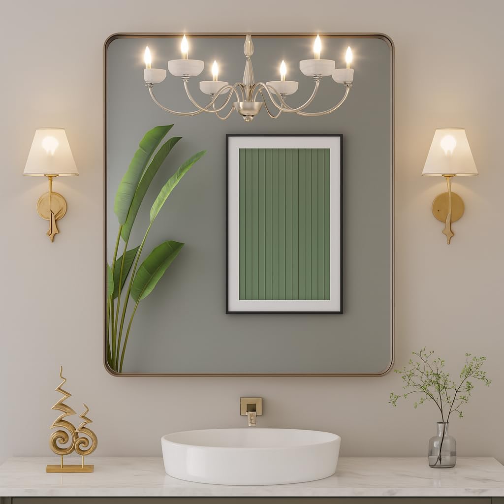 bronze 28x36 inch metal framed mirror for wall, large rounded rectangle mirror, anti-rust, tempered glass, hangs horizontally or vertically bronze 28"l x 36"w