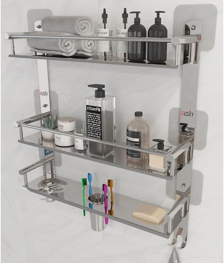 GLOXYStainless Steel Magic Sticker 3 Layer Multipurpose Bathroom Shelf Organizer with Double Soap Dish and Toothbrush Holder Bathroom Accessories Chrome Finish