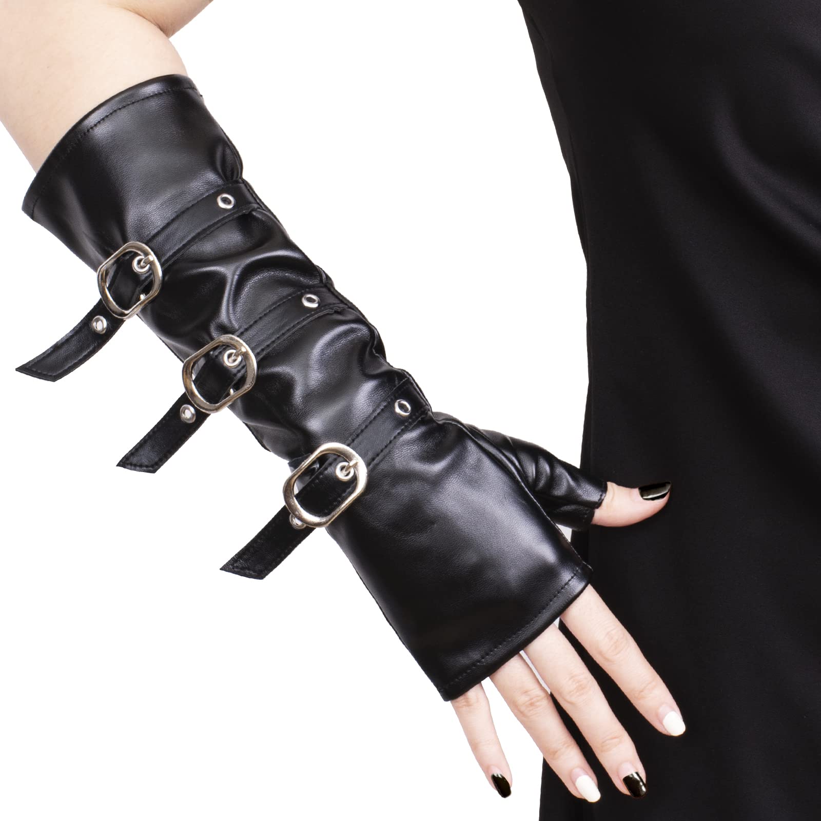 JISEN Women Half Palm Fingerless PU Leather Night Bar Band Up Punk Gloves