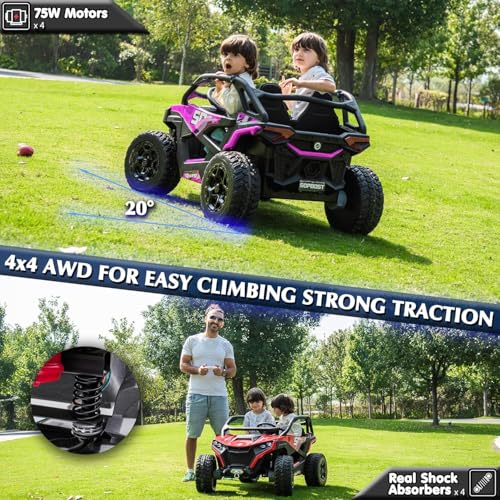sopbost XL 24V 10Ah Real 2 Seater Kids UTV Ride-On Car with Remote Control 4x4 4WD Electric Vehicle for Kids 3-8 to Drive, Bluetooth Music, 4 Spring Suspension, 21.85\" Spacious Seat - Pink