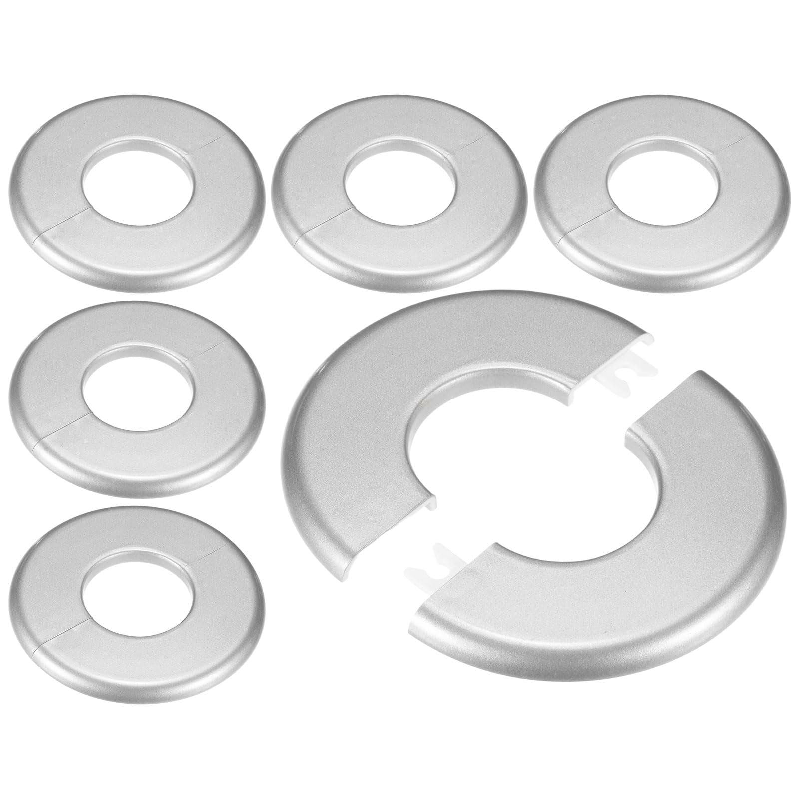M METERXITY 6-Pack Wall Split Flange, 44mm[1.73"] ID ABS Round Self-Adhesive Escutcheon Plate Cover Buckle for Pipe Accessories/Floor/Ceiling, Plumbing Cover Plates [Silver, 105mm 4.13" OD]