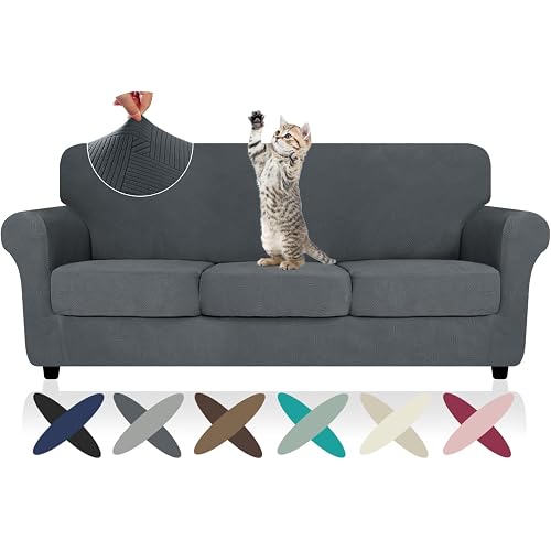ZNSAYOTX 4 Piece Stretch Sofa Covers (71"-91"), Thick Striped Couch Covers for 3 Cushion Sofa with Elastic Band Bottom Ties Non-Slip Stay in Place, Soft Durable Washable Couch Slipcovers, Dark Grey