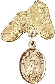 Gold Filled Baby Badge with St. Athanasius Charm and Baby Boots Pin 1 X 5/8 inches