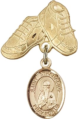14kt Yellow Gold Baby Badge with St. Athanasius Charm and Baby Boots Pin 1 X 5/8 inches