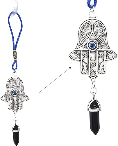Miniatura 10 de LUCKBOOSTIUM Silver Ornate Hamsa Hand Jeweled Keychain - Evil Eye Protection, Hanging Gemstone - Good Luck Charms 1.8"x9" Malaquita,Amatista,Piedra