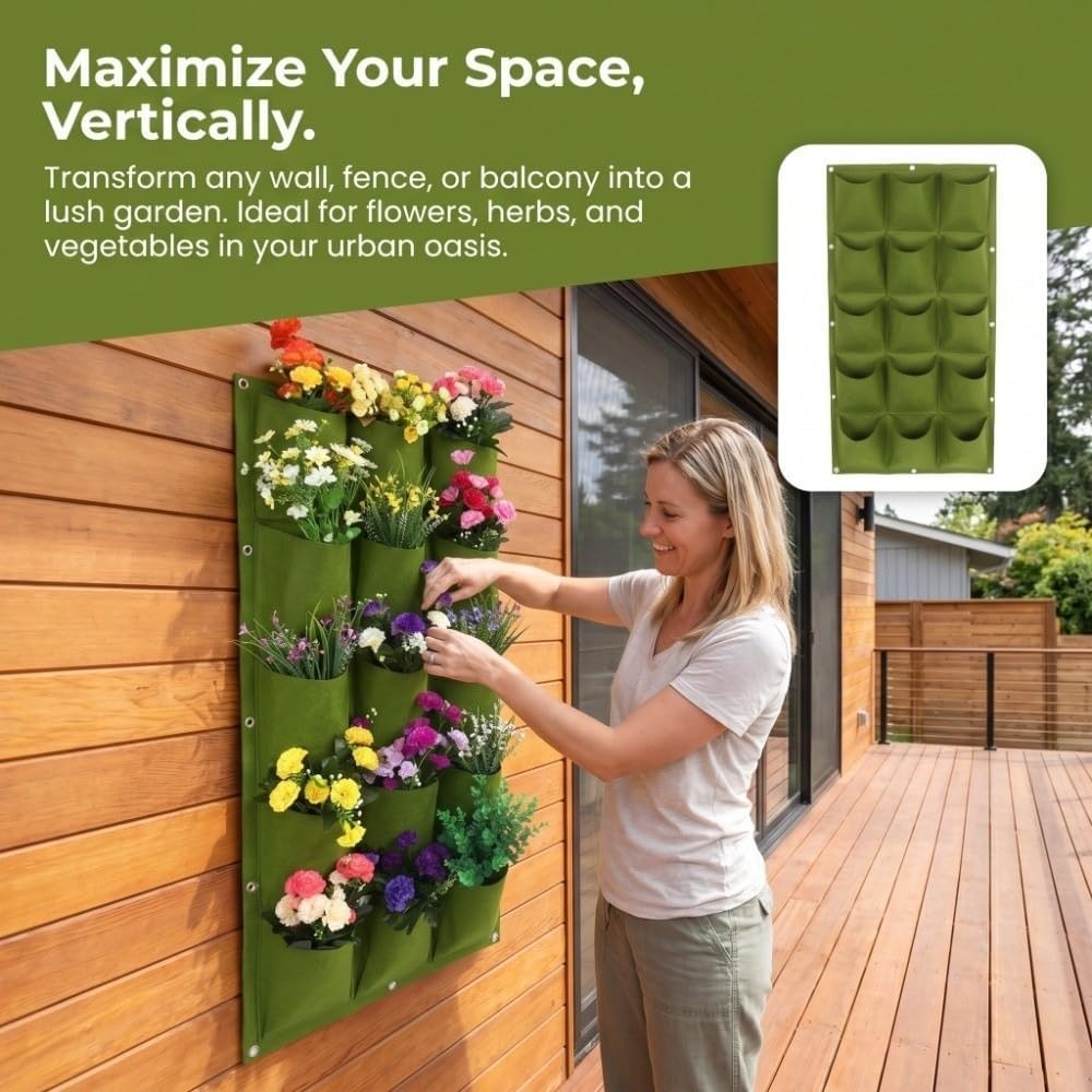 Breathable Felt Wall Garden Planter Grow Bag with Metal Grommets for Indoor/Outdoor Flowers, Vegetables and Balcony Garden Space Saving(15 Pockets)