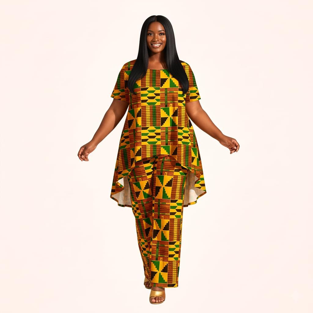 African Print 2PC Set Short Sleeve Top with Wide Leg Pants Traditional Kente Pattern Plus Size Lounge Sets for Women - Image 3