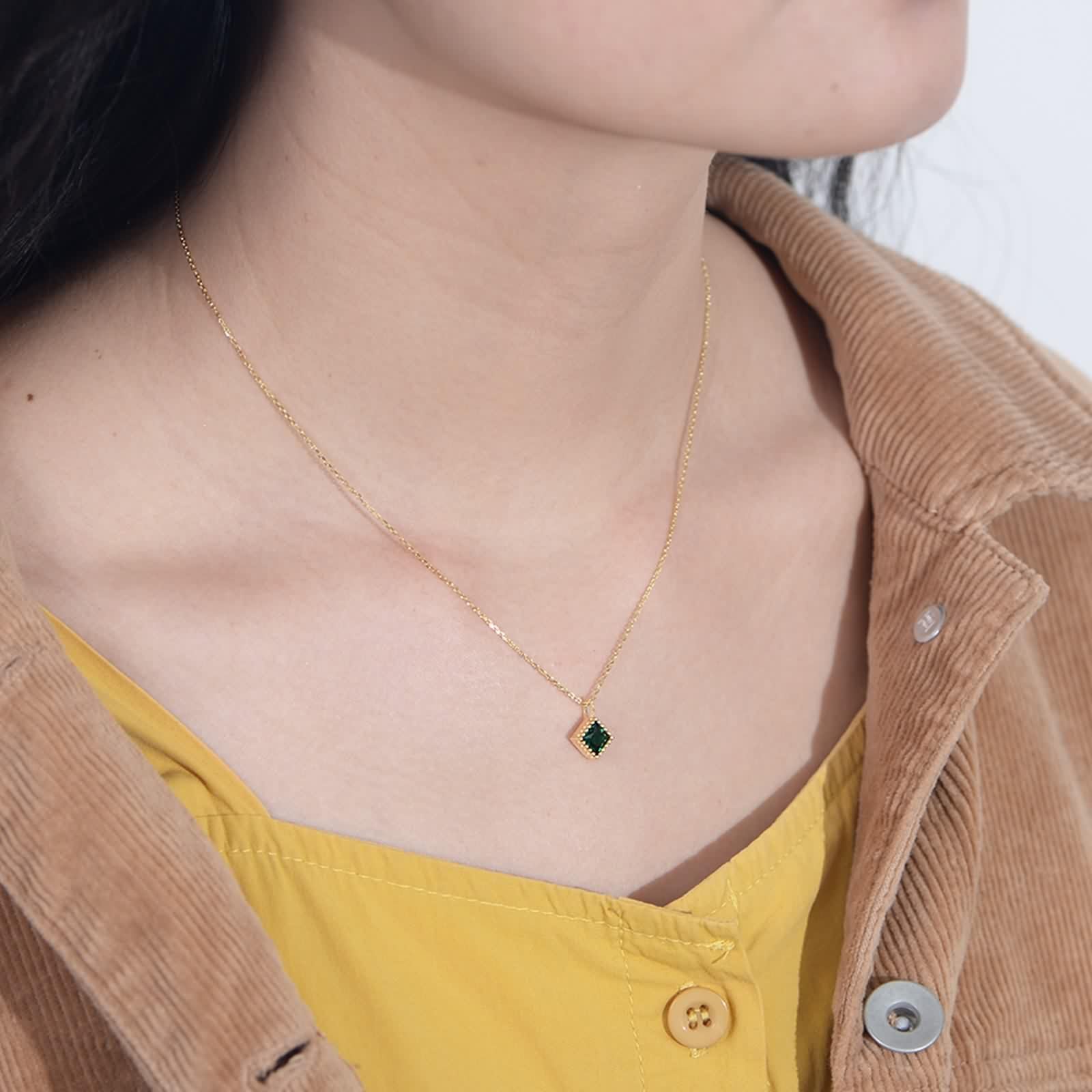 Collane Donna Oro, Collana con Ciondolo Lungo Verde Smeraldo Creato In Laboratorio Catenina Gioielli Vero Oro Giallo 9K/14K/18K Elegante 40+5cm
