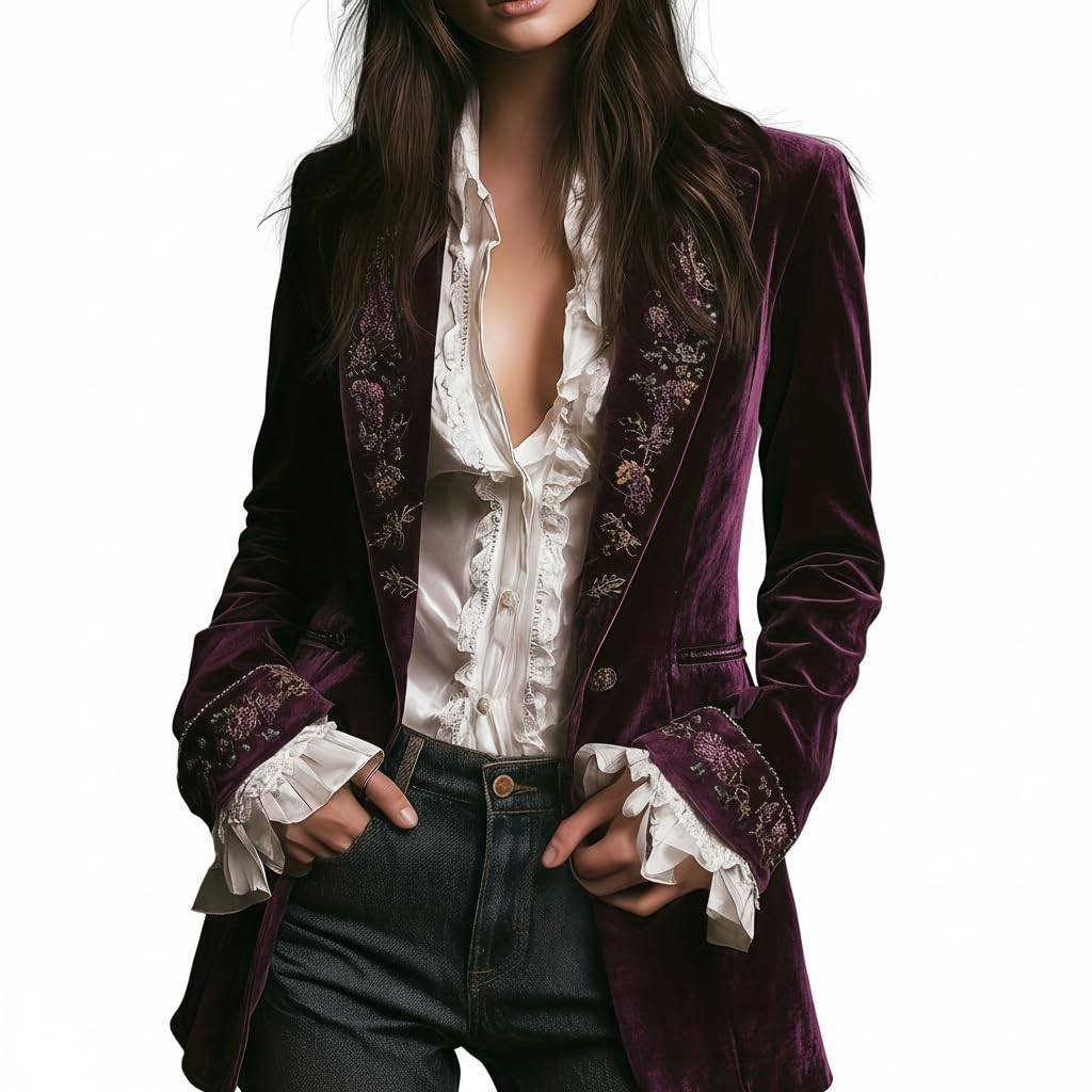 Womens Vintage Velvet Embroidered Midi Blazers Dressy Casual Slim Fit Jackets Spring Fall Elegant Floral Outerwear