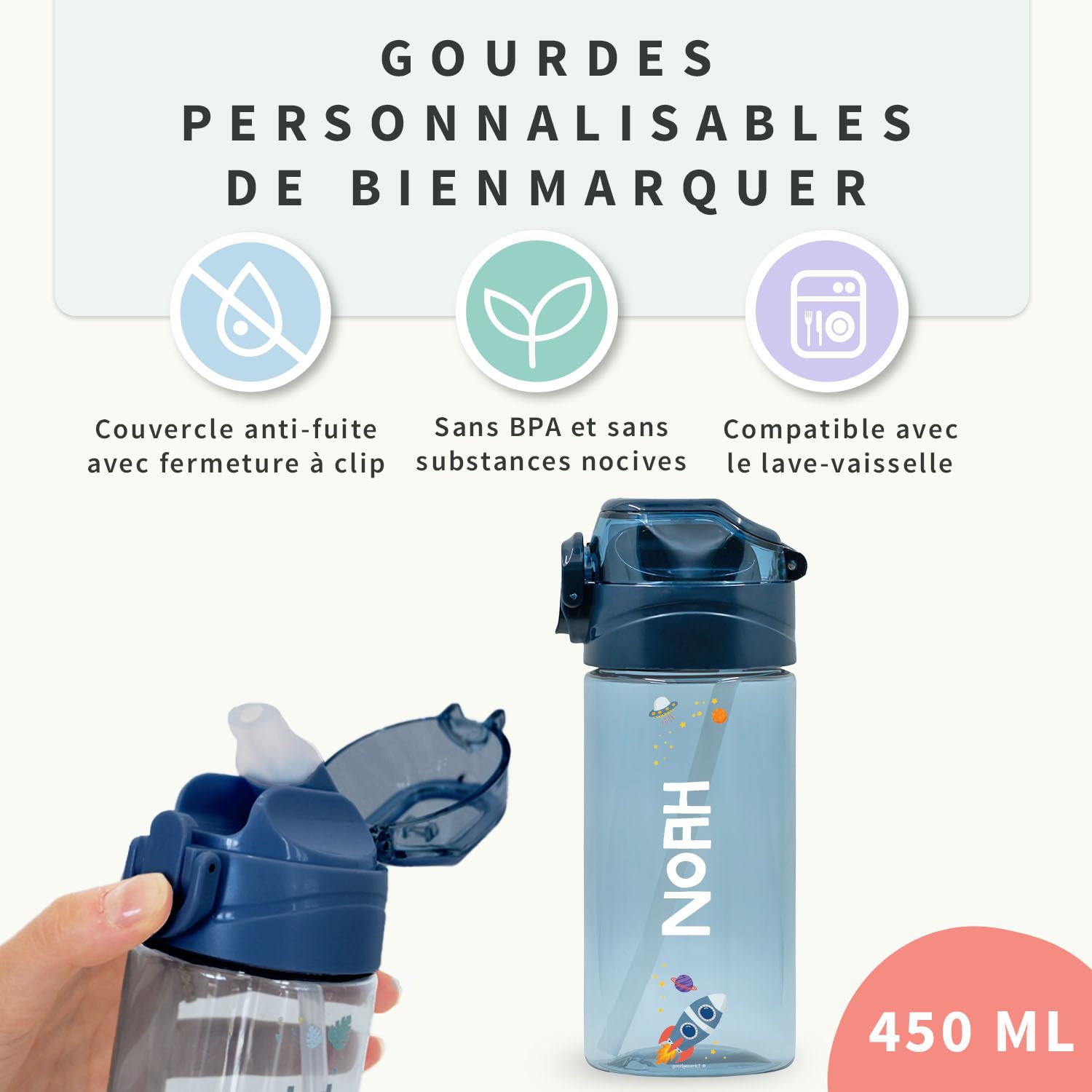 BIENMARQUER Gourde Personnalisable Enfant 450mL Bleu Clair Anti-Fuite