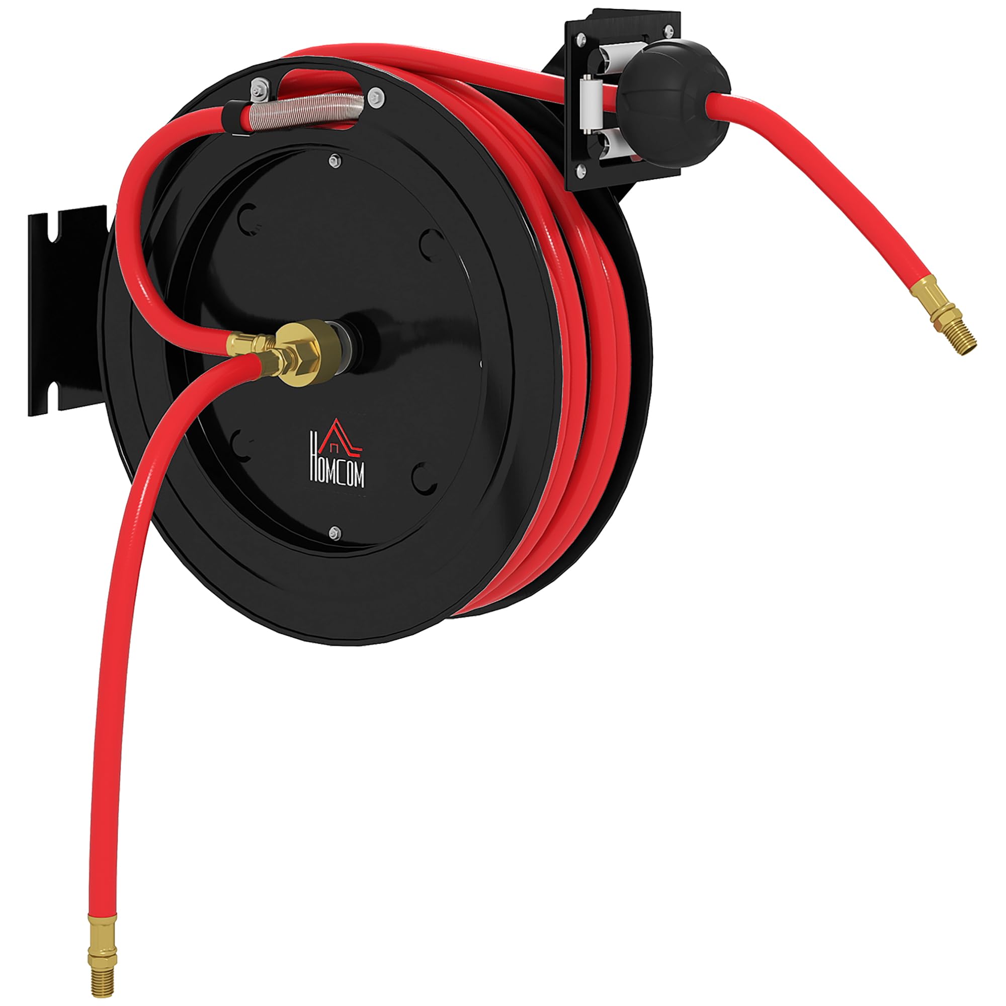 HOMCOM Carrete manguera aire automático 15m+1m | Conexión 1/4", 9,5x15,8mm, máx 20 bar, freno manguera, carrete con soporte pared.