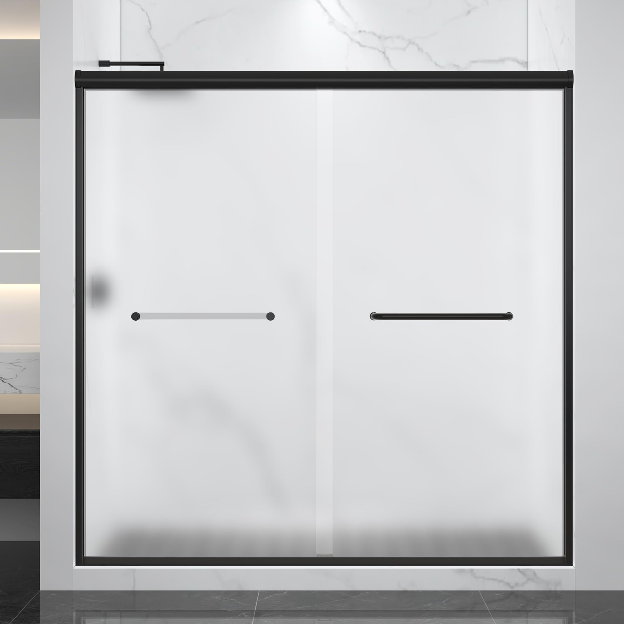 Frosted Double Sliding Shower Door 67-67-72" W x 70" H, Matte Black, Bypass Shower Door, Framed, 1/4" (6mm) Tempered Glass