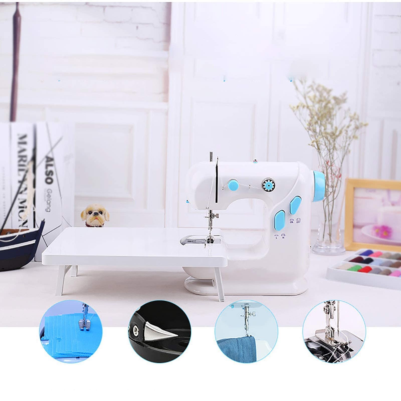 Mini máquina de Coser doméstica eléctrica Multifuncional máquina de Coser portátil Mini máquina de Coser con Mesa de expansión fácil de Usar (Blanco, 24,5 x 12,5 x 22,5 cm)