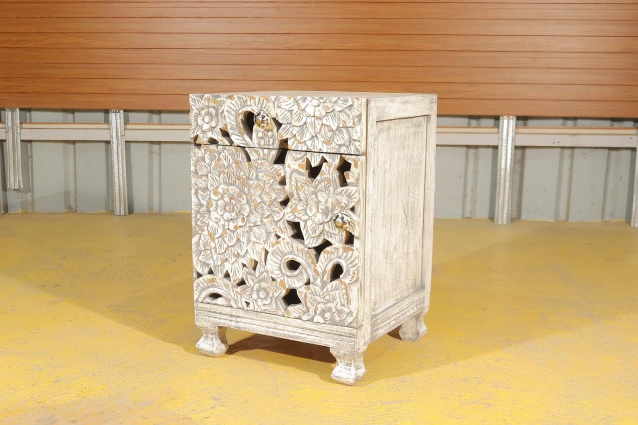 Solid Mango Wooden Handcarved Bedside Table | Sofa Side Table for Living Room, Bedroom, Hotel & Home, White Distress Finish, (43 x 40 x 62cm)-image-38