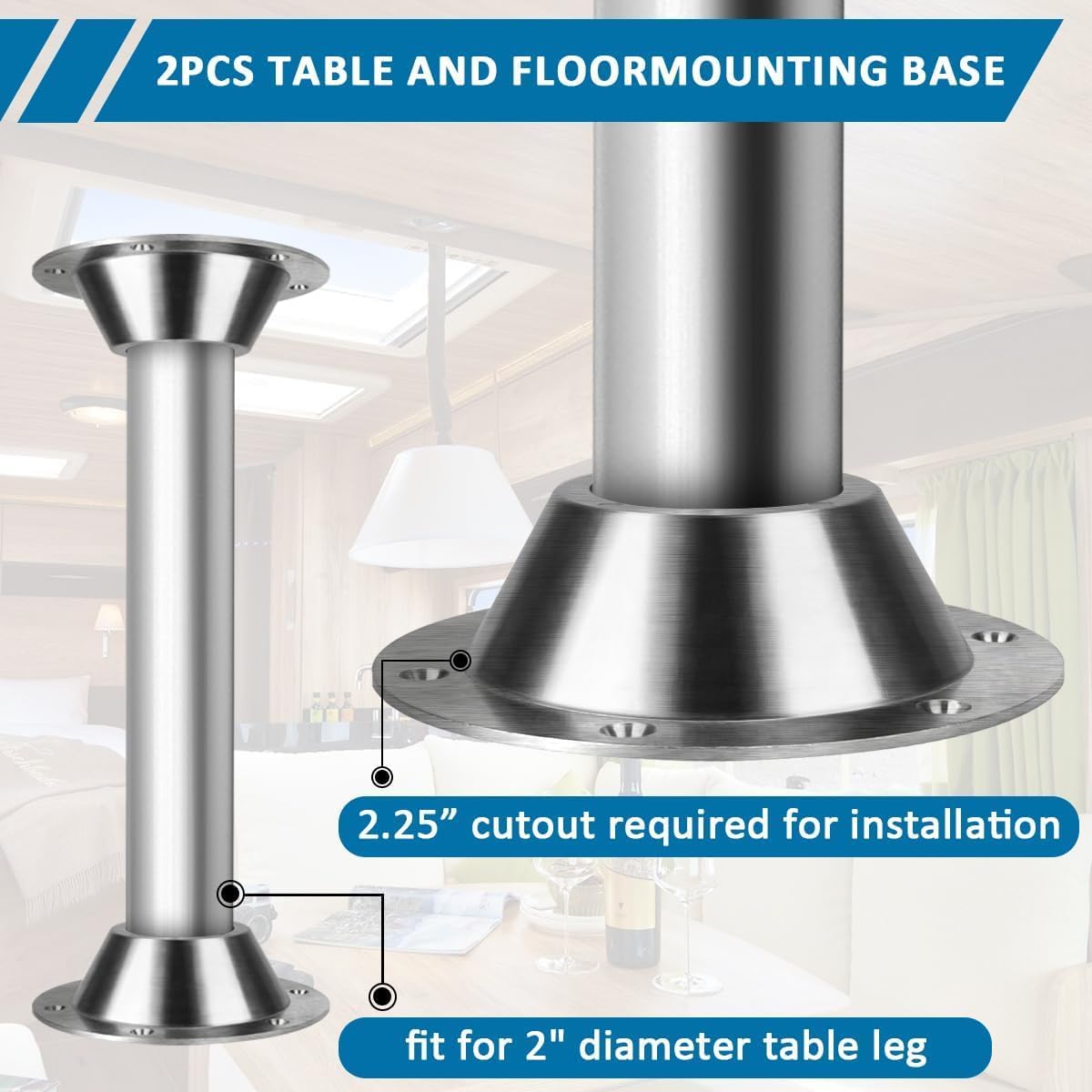 2-Pack Aluminum RV Table Base and Floor Mount( 6-Hole Design) fit Camper/Travel Trailer/Boat Table Floor Bracket