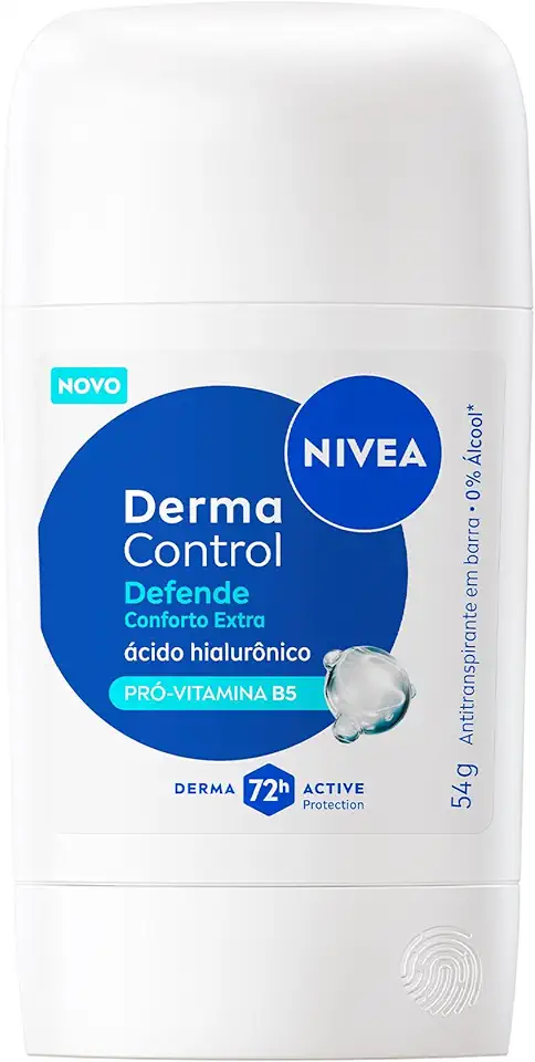 NIVEA Desodorante Antitranspirante Stick Derma Control Defende 54g, Proteção 72h, Previne Irritações, Ácido Hialurônico, Conforto Extra
