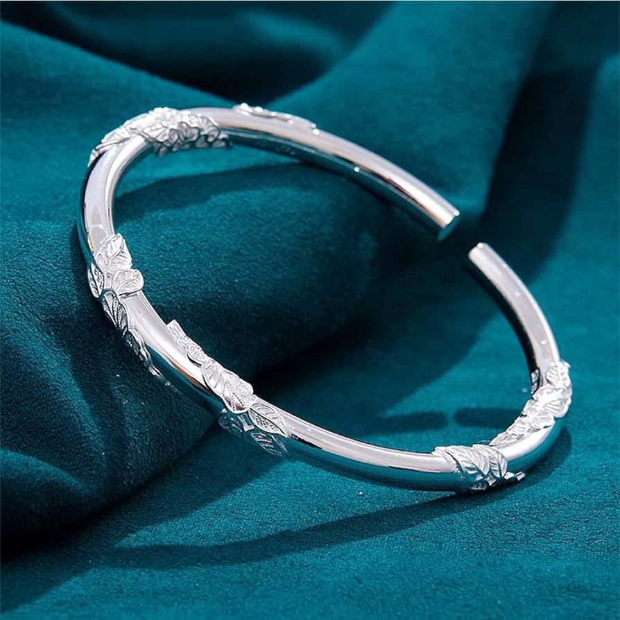999 Sterling Silver Bangle, Women Handmade Vintage Bamboo