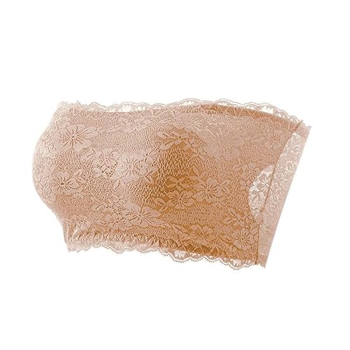 Women's Strapless Floral Lace Bandeau Tube Tops Seamless Stretchy Bra Plus Size Fashion Wrap Bralette for Daily Wear Khaki 3XL