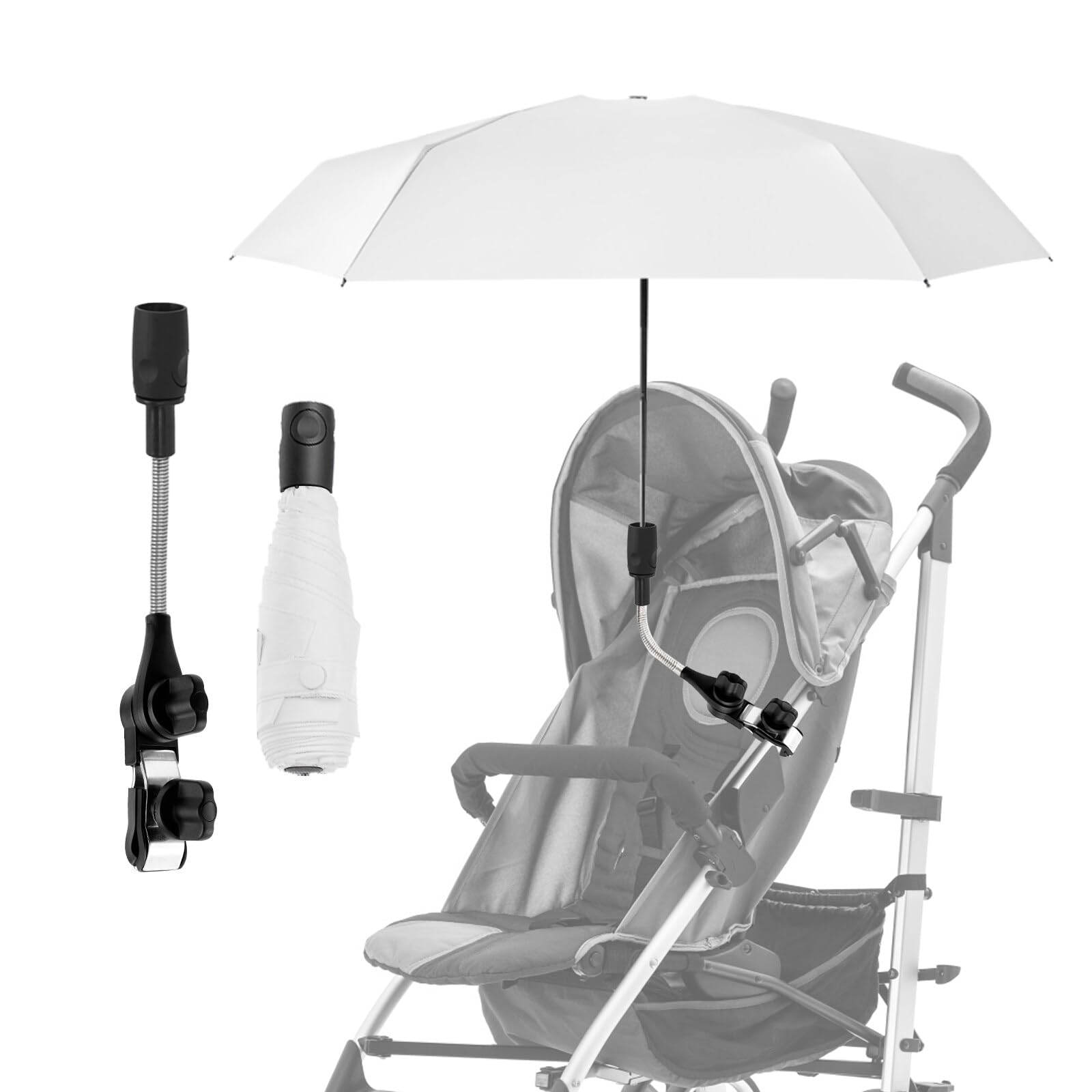 Lvjkes Sombrilla carro bebe, Dirección Libre, Abrazadera Universal Ajustable y Extraíble, Protección UV UPF 50+, Resistente a la Lluvia, protección Solar, diámetro 90 cm, con Paragüero, Asa (Blanco)