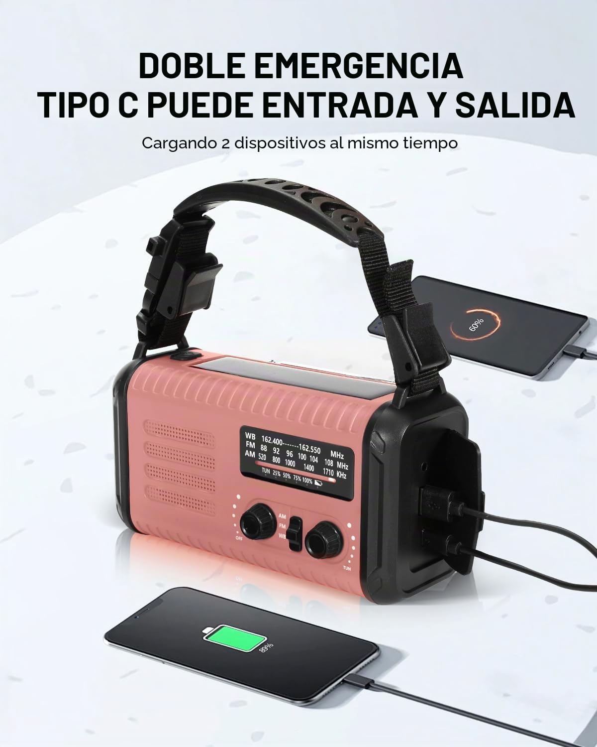 Radio Kurbel de 20000 mAh, radio de notificación solar portátil con amplificador AM/FM, alarma SOS, lámpara de luz LED y lámpara de bolsillo, notificación de caída (Rosa)