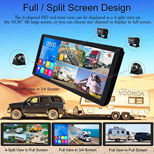 4K Rv Backup Camera System 10.36" Quad Split Touch Screen Monitor With 4 1080P Rear Side View Camera, Dvr Recording Bluetooth Mp3 Mp5 Ip69 Waterproof Night Vision For Rv Truck Semi Trailer Bus Tractor #TOP2