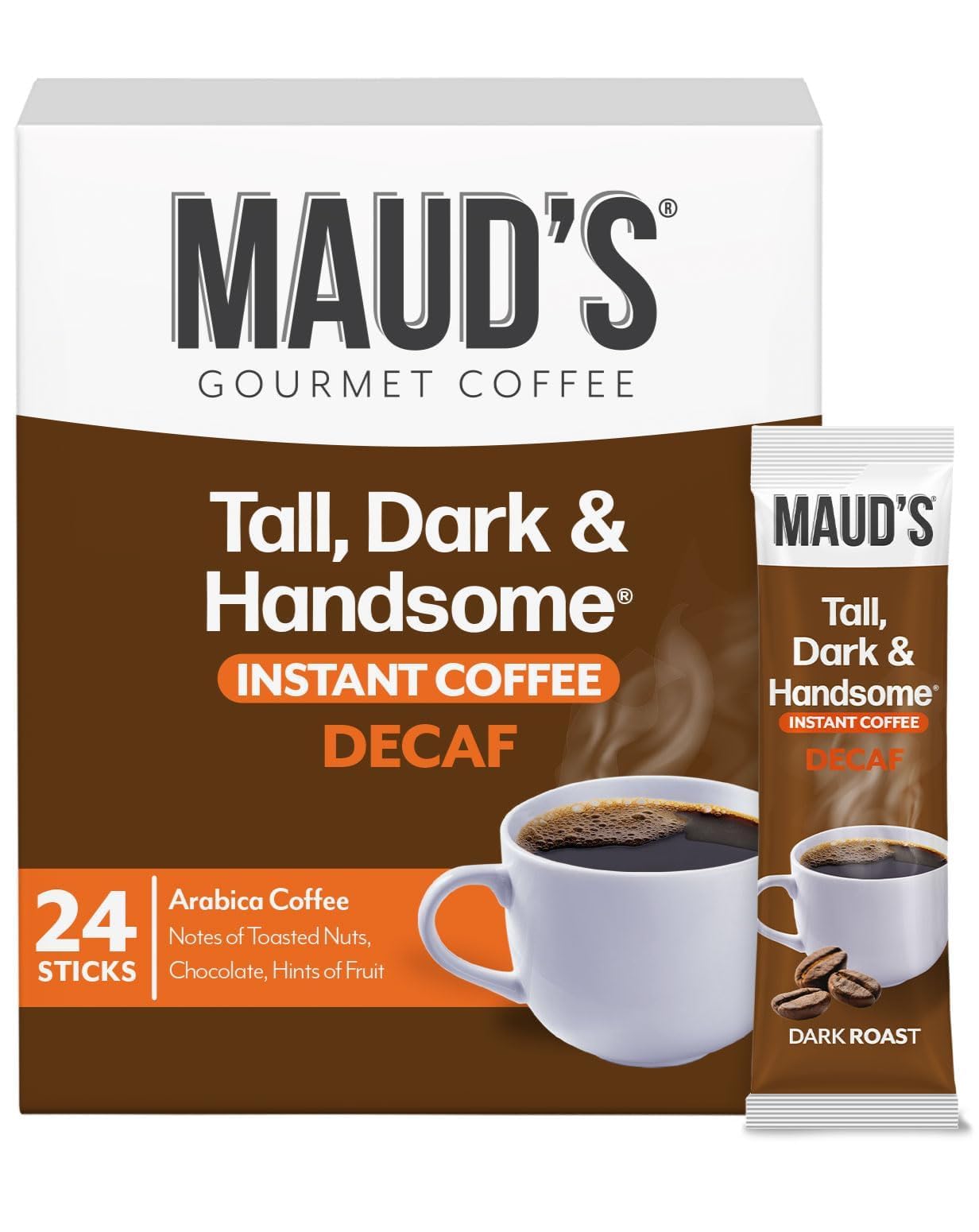 Maud's Dark Roast Decaf Instant Coffee, 24 ct, 100% Arabica Coffee, Instant Hot or Iced Coffee - Just add water
