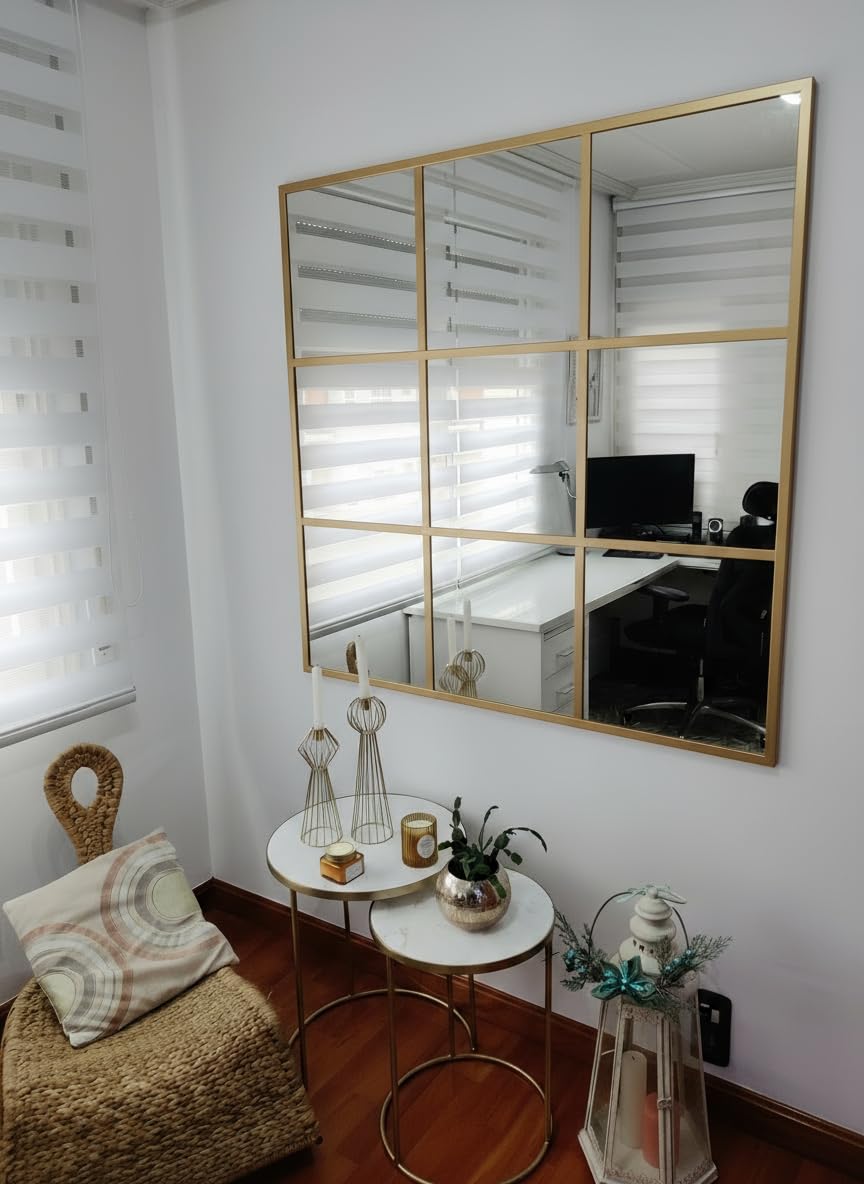 THEROSE Espejo Ventana Industrial, Espejo Salon Pared Decorativo, Aluminio 120 x 120 cm (Dorado)