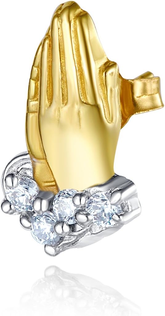 14k REAL Yellow Gold CZ Praying Hands Earrings