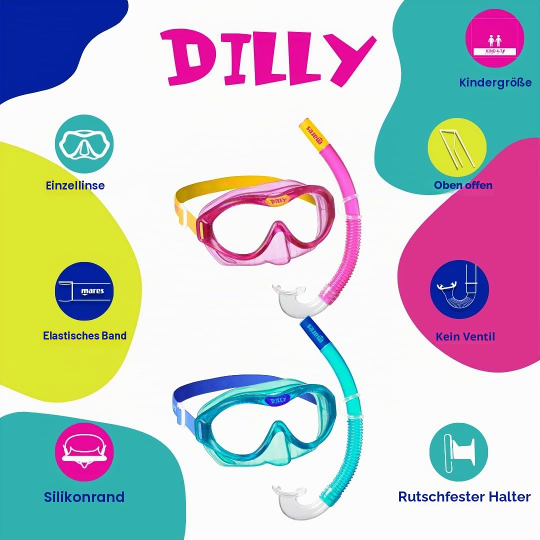 Mares Combo Dilly – Schnorchelset Kinder 4–7 Jahre, weiche TPE-Maske mit flexiblem Glas, ergonomischer Schnorchel mit Silikonmundstück