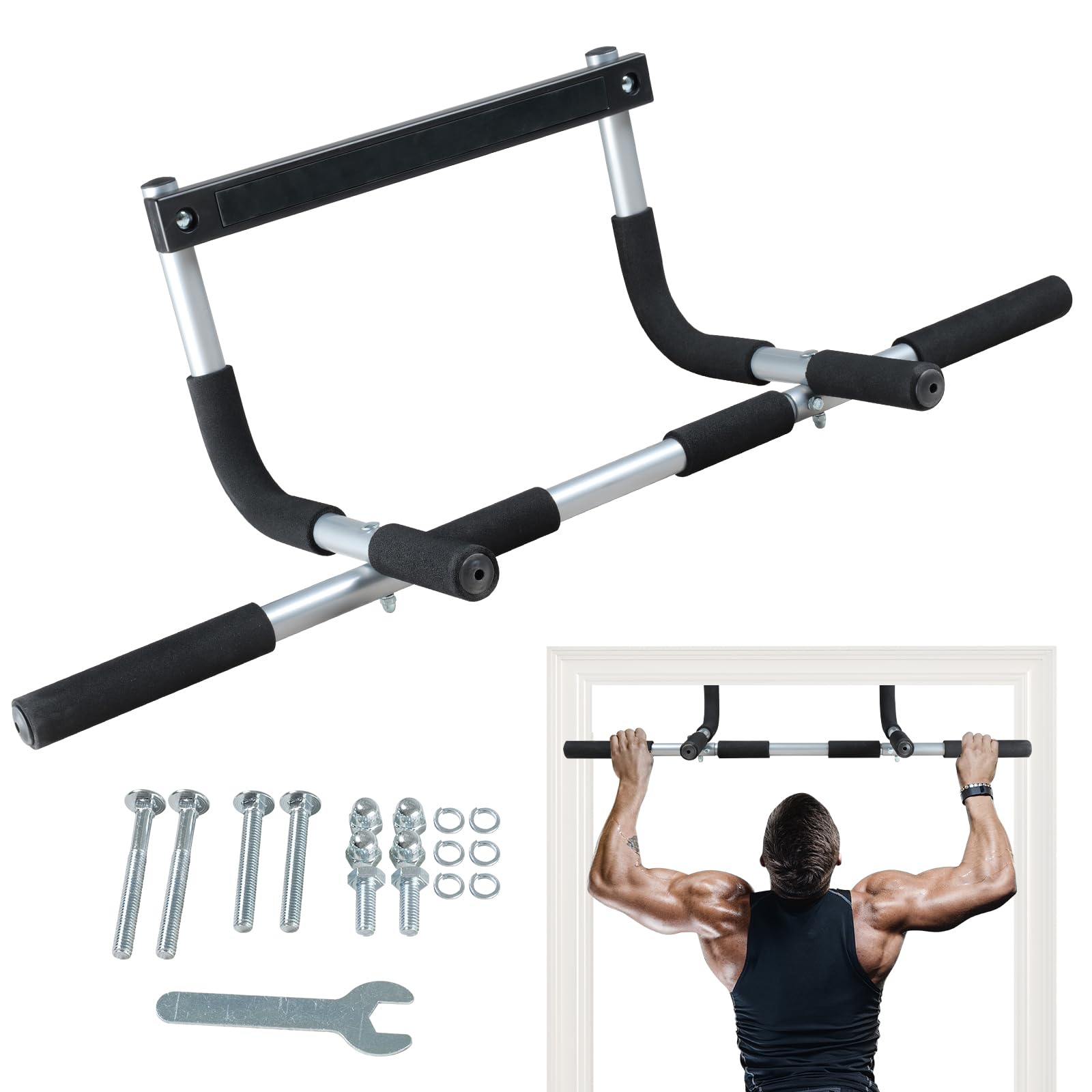 leikefitness Pull-Up Bar For Door Frame, przenośny Multi 3 Grips Doorway Grip Chin Up Bar do domu, instalacja bez wiercenia, gruba stal, Heavy Duty Hook Bar (srebrny)